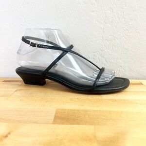 Madewell Black Leather Square Toe Kitten Heel Thong Sandals Ankle Strap Size 7.5